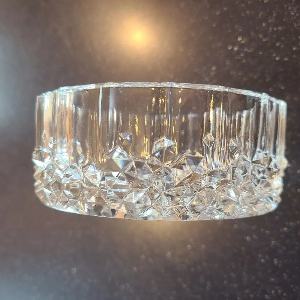 Diamond Cut Drum Shape Glass Crystal Round Open Trinket Candy Dish Vintage